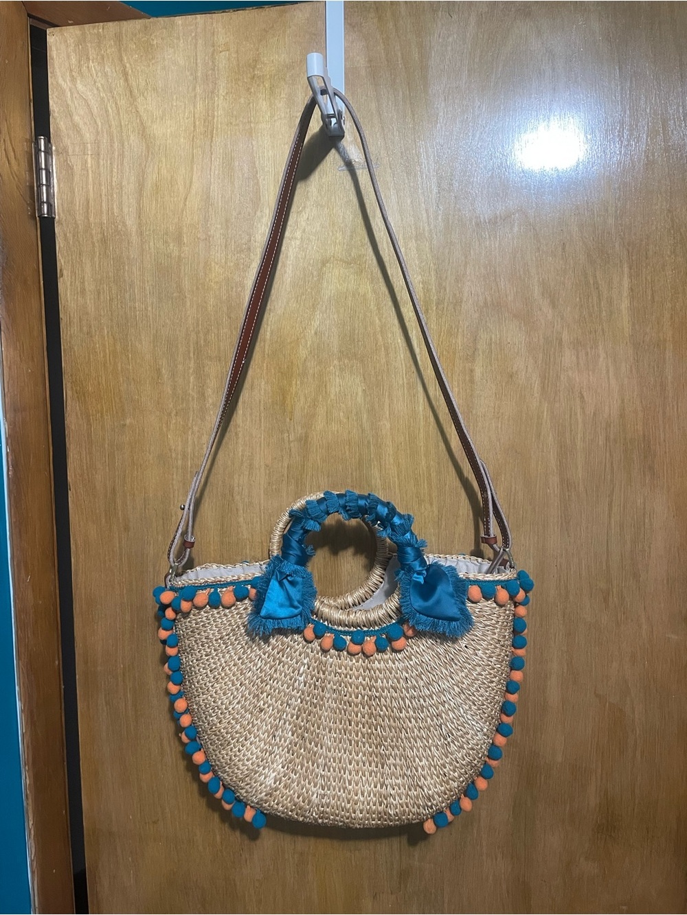 Sam Edelman Innesa Natural Brite/Multi Woven Straw Pom Pom Zip Top Handled Strap - Picture 2 of 9